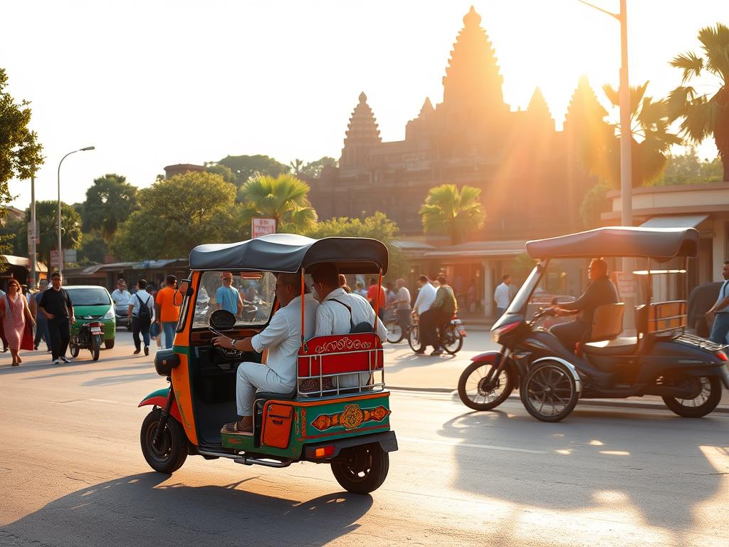 A bustling street in Siem Reap, Cambodia, where a vibrant tuk-tuk waits patiently to ferry passengers. The three-wheeled vehicle is adorned with intricate carvings and vibrant colors, its driver ready to guide visitors through the charming city. In the background, ancient Khmer architecture rises, hinting at the historical wonders of Angkor Wat. Warm, golden sunlight filters through the scene, casting a soft, inviting glow. The overall atmosphere is one of adventure, cultural immersion, and the promise of a memorable journey through this captivating Southeast Asian destination.