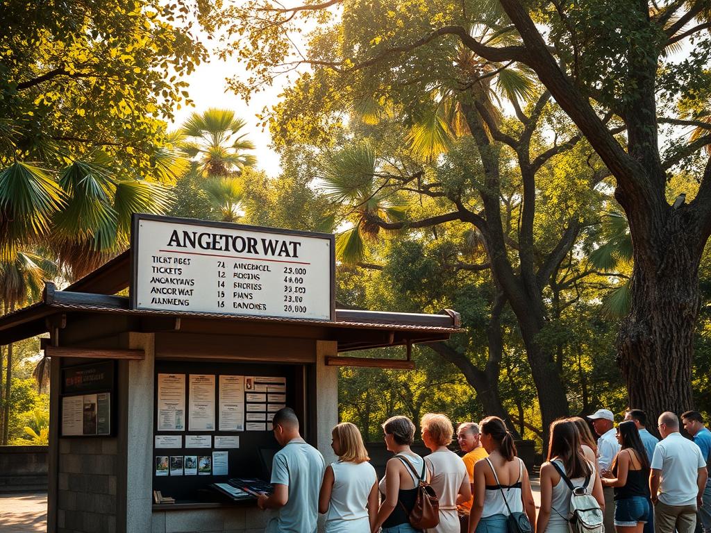 A detailed, high-resolution image of an official Angkor Wat ticket booth set against the backdrop of lush tropical foliage. The booth is made of weathered wood and stone, with a prominent sign displaying ticket prices and information in multiple languages. In the foreground, visitors queue patiently to purchase their tickets, dressed in light summer attire. The scene is bathed in warm, golden sunlight filtering through the canopy of trees, creating a serene and inviting atmosphere. The overall composition emphasizes the practical aspects of visiting the archaeological park, while capturing the enchanting natural setting that surrounds the historic site.