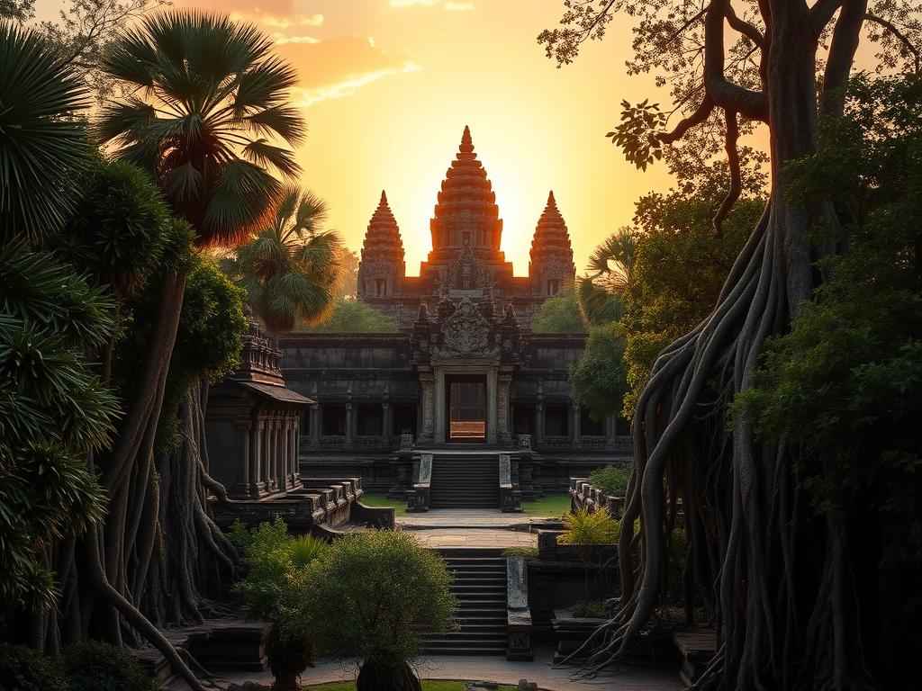 A grand stone temple complex surrounded by lush tropical foliage, under a warm golden hour sky. The iconic spired silhouettes of Angkor Wat rise majestically in the center, flanked by the ornate structures of other principal temples like Bayon and Ta Prohm. Intricate stone carvings and bas-reliefs adorn the facades, while ancient trees and roots crawl over the weathered surfaces. A sense of timeless wonder and mystery pervades the scene, inviting the viewer to explore the hidden wonders of this ancient Khmer kingdom.