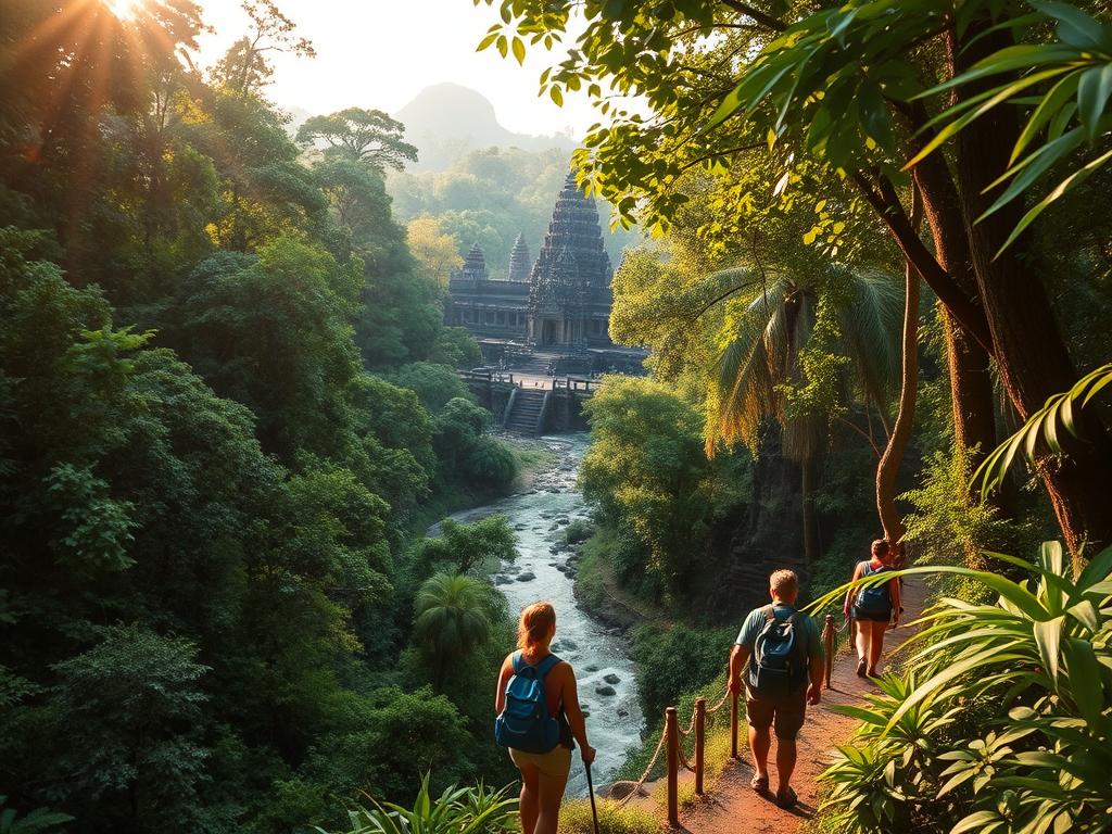 A lush, verdant jungle landscape with towering canopy trees and winding hiking trails. In the foreground, a group of adventurers embark on a guided jungle tour, equipped with backpacks and hiking gear. The middle ground features a flowing river or stream, with wooden bridges and platforms for spotting local wildlife. In the background, ancient stone temples and ruins peek through the dense foliage, hinting at the region's rich cultural heritage. Warm, diffused sunlight filters through the leaves, creating a serene and mystical atmosphere. The scene conveys a sense of exploration, discovery, and immersion in the natural wonders of the Cambodian wilderness surrounding the Angkor Wat temple complex.