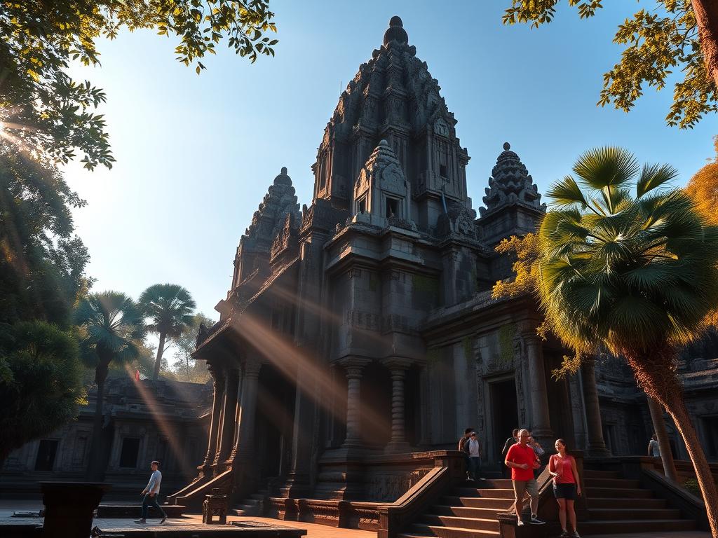 A majestic stone temple, the Preah Khan of Angkor, stands tall amidst lush tropical foliage. Towering spires and intricate carvings adorn the structure, casting dramatic shadows in the warm afternoon sun. Crumbling walls and moss-covered ruins hint at the temple's long and storied history. Rays of light filter through the canopy, illuminating the intricate architectural details and creating a mystical, serene atmosphere. In the foreground, visitors explore the temple's winding passages, marveling at the ancient Khmer craftsmanship. The overall scene conveys a sense of timelessness, inviting the viewer to step back in time and immerse themselves in the grandeur of Preah Khan and the Angkor region.