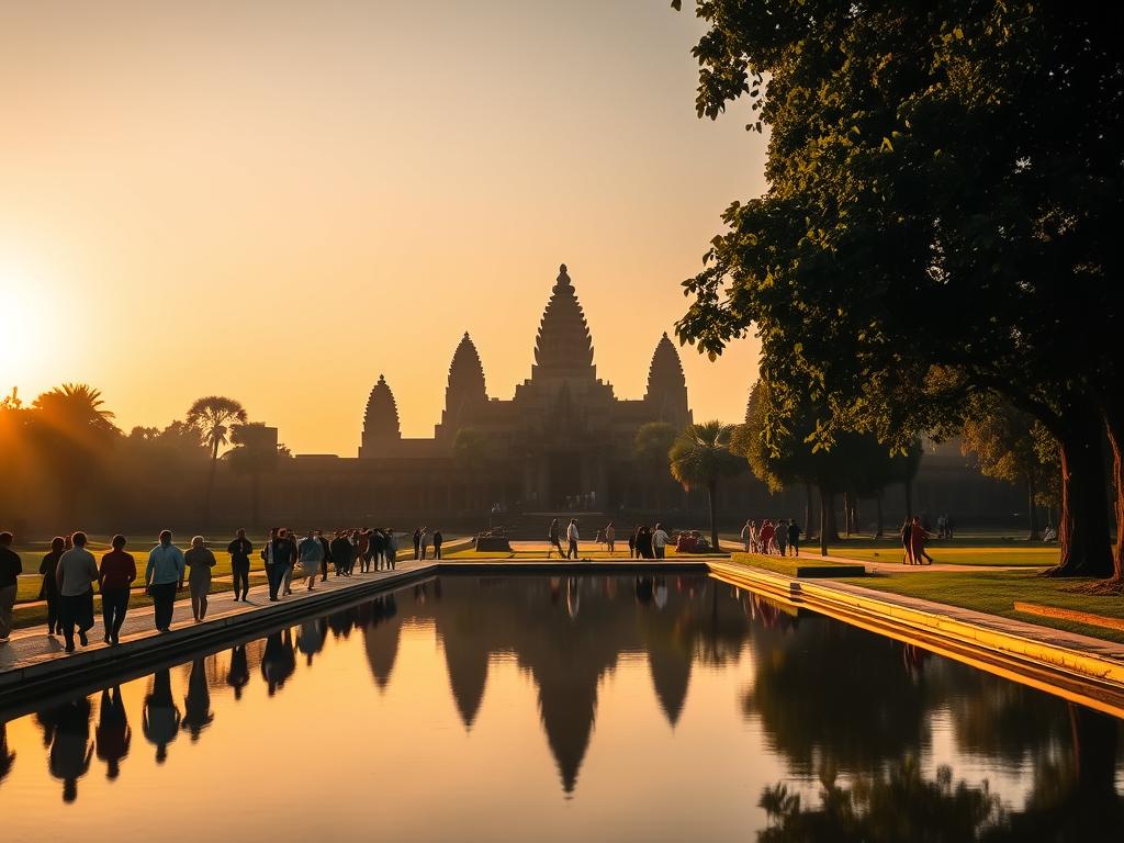 A picturesque scene of Angkor Wat's temple grounds during the golden hour. The foreground features a serene reflection pool, with the iconic temple silhouettes mirrored on the calm waters. Visitors stroll leisurely, admiring the intricate carvings and towering spires against a warm, golden sky. The middle ground showcases the grandeur of the main temple complex, bathed in soft, directional lighting that highlights the ornate architectural details. In the background, lush, verdant foliage frames the scene, creating a sense of tranquility and timelessness. An atmospheric, cinematic image that conveys the thoughtful planning required to fully appreciate the majesty of this UNESCO World Heritage site.
