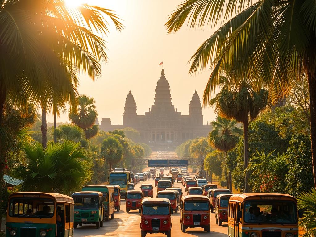 A scenic tropical landscape in Cambodia, featuring the iconic Angkor Wat temple complex in the background. In the foreground, a bustling transportation hub with various modes of travel - tuk-tuks, buses, and taxis - ferrying visitors to the ancient site. Lush palm trees and vibrant foliage frame the scene, creating a sense of adventure and discovery. Warm, golden sunlight filters through the scene, casting a magical glow over the entire composition. The mood is one of excitement and anticipation, as travelers embark on their journey to explore the wonders of Angkor Wat.
