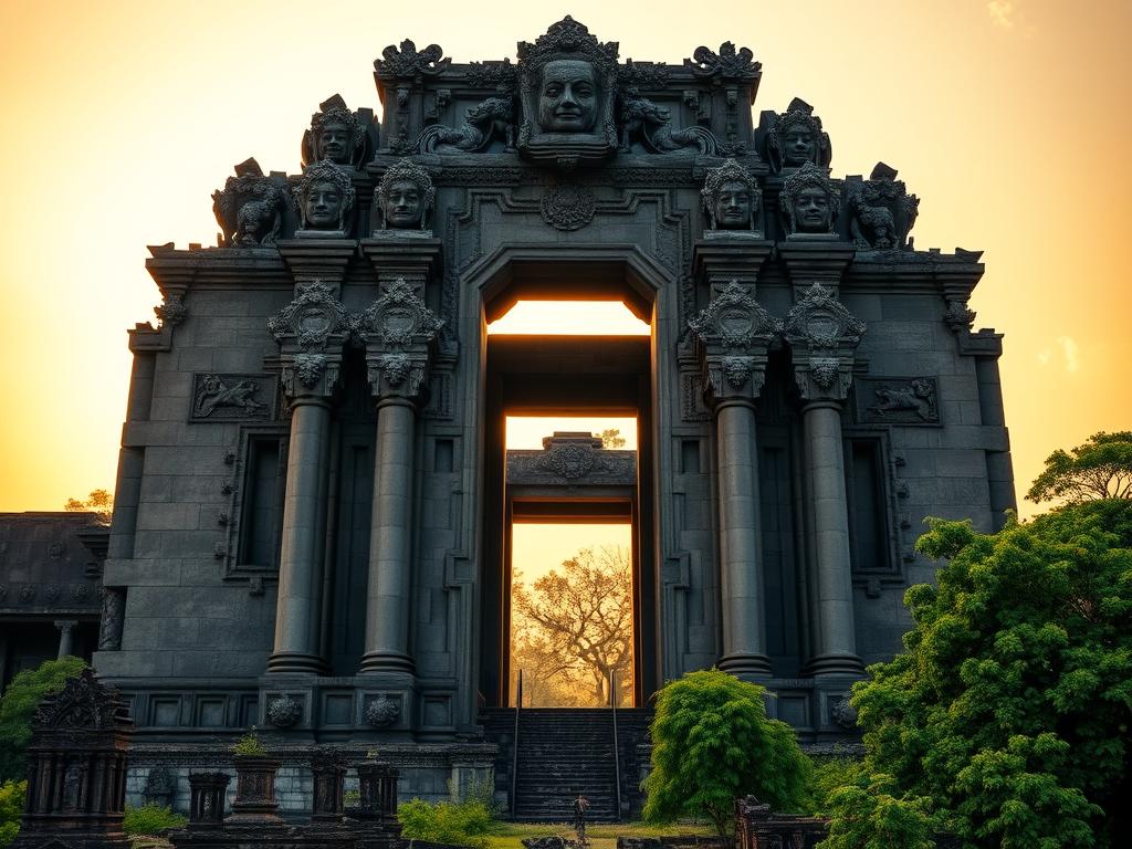 A sprawling stone gateway, its intricately carved facades towering majestically against a warm, golden sky. Sturdy, weathered columns flank the entrance, their surfaces adorned with intricate bas-reliefs depicting mythical creatures and ancient legends. The light filters through the ornate arched openings, casting long shadows that dance across the weathered stones. In the foreground, a mosaic of crumbling ruins and lush, verdant foliage suggests the grandeur of a long-lost imperial capital. This is Angkor Thom, the ancient seat of the mighty Khmer Empire, its awe-inspiring gateways standing as sentinels to a bygone era of power and splendor.