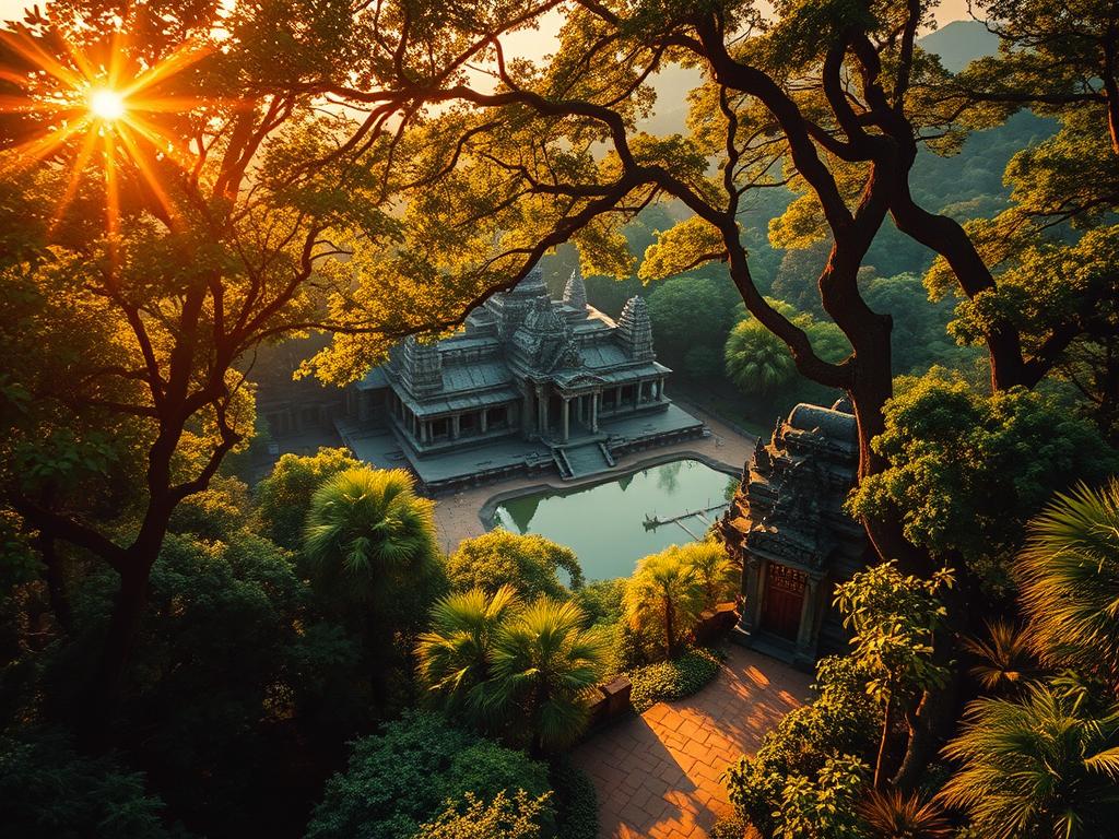 A stunning aerial view of the ancient Angkor Wat temple complex, shrouded in the lush, verdant foliage of the Cambodian jungle. The sun's golden rays filter through the dense canopy, casting a warm, ethereal glow over the ancient stone structures. In the foreground, a hidden path winds through the undergrowth, leading to a secluded viewing platform that offers a breathtaking, panoramic vista of the iconic temple spires, reflected in a serene pond. Intricate carvings and architectural details are visible, hinting at the rich history and cultural significance of this UNESCO World Heritage site. The scene exudes a sense of tranquility and timeless wonder, inviting the viewer to discover the hidden gems and lesser-known perspectives of this remarkable wonder of the ancient world.