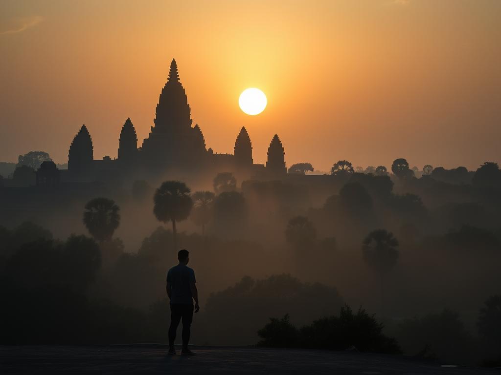 A tranquil Angkor Wat sunrise, its ancient towers silhouetted against the horizon as the sun's golden rays illuminate the mist-shrouded jungle. In the foreground, a lone visitor pauses, awestruck by the timeless beauty of the temple complex. The scene evokes a sense of contemplation and reverence, capturing the unique experience of exploring Angkor Wat's serene and mystical atmosphere at the start of the day. High-resolution, cinematic, ultra-detailed, 8K, Nikon D850 DSLR camera, wide-angle lens, natural lighting.