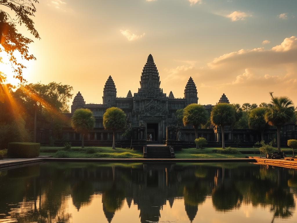 A vast, ancient Khmer temple complex emerges from the lush jungle foliage, its intricate stone carvings and towering spires silhouetted against a warm, golden sky. The ornate architecture blends seamlessly with the natural landscape, creating a harmonious and mystical atmosphere. Sunlight filters through the canopy, casting dramatic shadows and highlighting the weathered, time-worn surfaces of the structures. In the foreground, a tranquil reflecting pool mirrors the impressive temples, creating a sense of serenity and timelessness. Capture the essence of the Angkorian architectural legacy, its rich history, and the captivating fusion of man and nature.