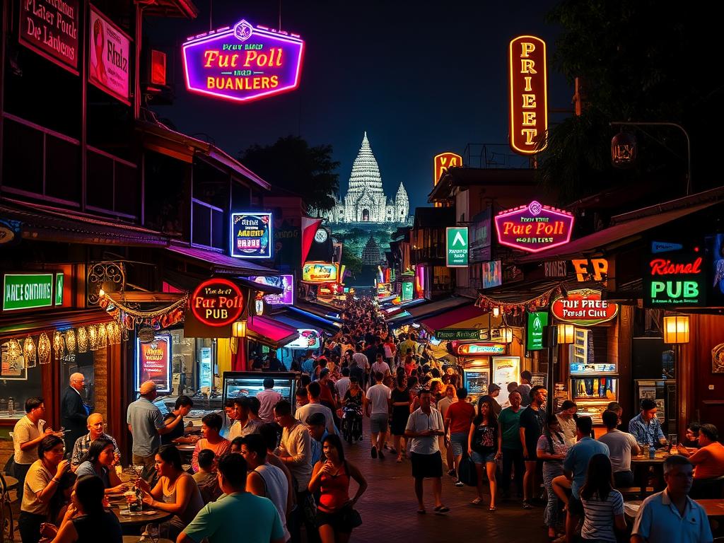 A vibrant, bustling Pub Street in Siem Reap at night, with neon-lit bars, pubs, and restaurants lining the streets. Crowds of locals and tourists mingle, creating a lively, energetic atmosphere. The scene is illuminated by a mix of warm, colorful lighting, casting a golden glow over the cobblestone streets and traditional Khmer architecture. In the foreground, people are dining al fresco, sipping cocktails, and listening to live music. The middle ground is filled with vendors selling street food, while the background showcases the iconic Angkor Wat temples in the distance, hinting at the rich cultural heritage of the region. The overall mood is one of vibrant, immersive nightlife, inviting the viewer to experience the culinary and entertainment offerings of Siem Reap.
