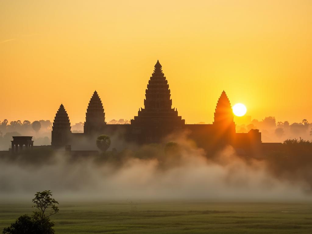 Sonnenaufgang über den alten Tempeln von Angkor Wat. Die goldene Morgensonne taucht die riesigen Türme in warmes Licht, während der Nebel sich langsam über den malerischen Teich vor der Hauptstruktur hebt. Der einzigartige Architekturstil der Khmer mit seinen charakteristischen spitzen Türmen und detaillierten Reliefs ist im Vordergrund zu sehen. Im Hintergrund erstrecken sich weitere Tempel und Ruinen, die die Größe und Pracht des historischen Komplexes zeigen. Die Szenerie vermittelt eine mystische, zeitlose Atmosphäre, die den Besucher in eine andere Epoche versetzt.