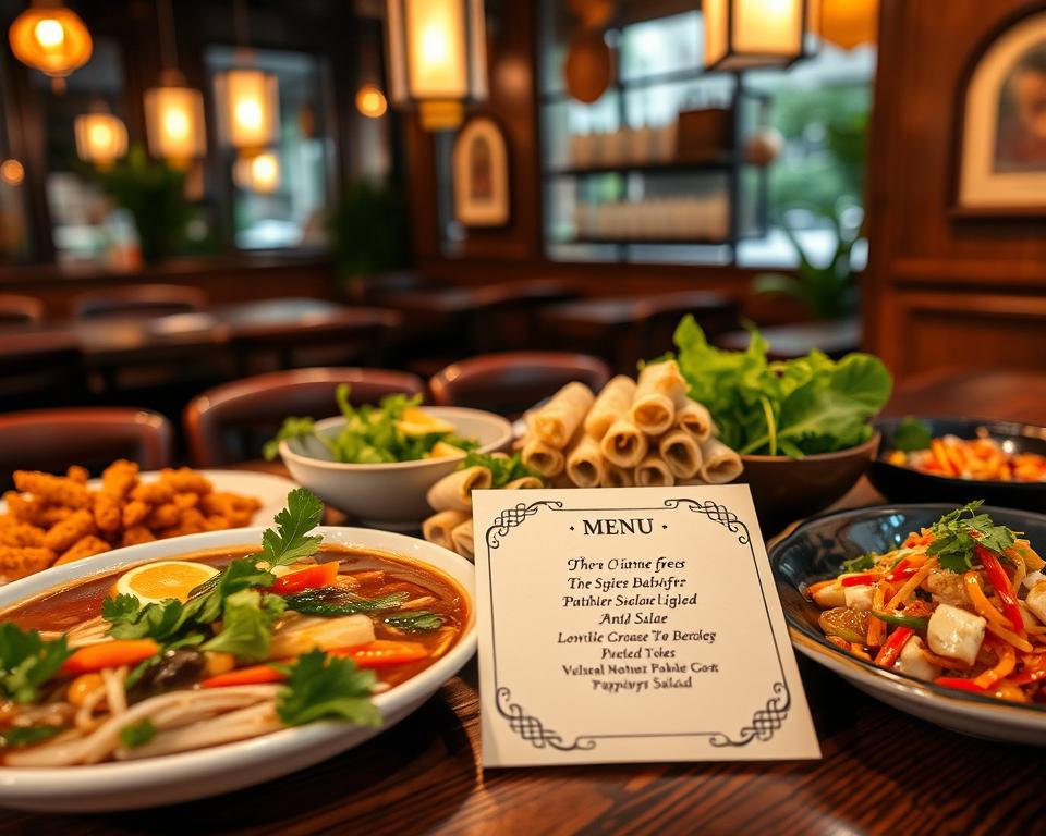 A beautifully arranged Vietnamese menu, laid out on a rustic wooden table. In the foreground, there are vibrant dishes including Pho with fresh herbs, crispy spring rolls garnished with fresh cilantro, and a colorful papaya salad. The middle ground features a stylishly presented menu card with elegant calligraphy detailing the dish names. In the background, a softly blurred restaurant interior hints at a cozy, authentic Vietnamese setting, with lanterns casting warm golden light. The atmosphere is inviting and rich in culture, evoking the essence of a traditional Vietnamese dining experience. The image captures the culinary diversity and freshness of Vietnamese cuisine, using warm, natural light to enhance the colors and textures of the dishes.