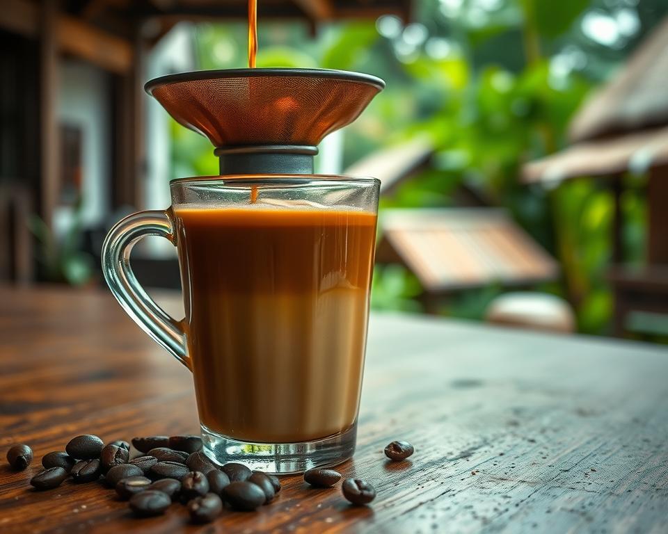 A beautifully arranged cup of Vietnamese coffee, featuring the traditional phin filter, with rich, dark coffee dripping slowly into a glass filled with sweetened condensed milk. In the foreground, delicate coffee beans are scattered nearby, adding texture. The middle ground shows a rustic wooden table with subtle reflections of light on the glass. In the background, hints of a Vietnamese village ambiance can be seen—a blurred view of lush green foliage and traditional thatched-roof houses, creating an inviting atmosphere. Soft, warm lighting enhances the rich browns and creamy whites of the coffee, evoking a sense of comfort and authenticity. The overall mood should be warm and inviting, celebrating the essence of Vietnamese culture and cuisine.