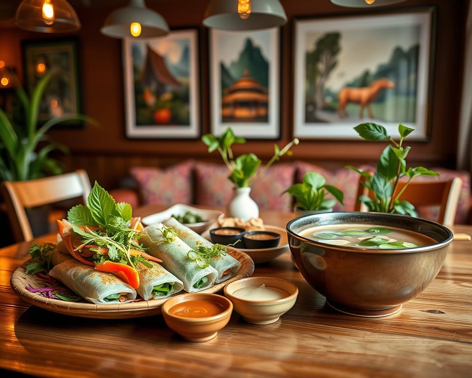 A beautifully arranged table in a cozy Vietnamese restaurant setting in Köln, featuring vibrant vegan dishes. In the foreground, showcase a bamboo platter with colorful spring rolls filled with fresh vegetables and herbs, a small bowl of rich peanut sauce, and a fragrant bowl of pho made with vegetable broth, topped with basil and lime. In the middle, include a wooden table adorned with traditional Vietnamese textiles and decorative plants. The background displays framed artwork of Vietnam, dim pendant lights creating a warm ambiance. Highlight the textures and colors to evoke a sense of authenticity. Use a soft focus lens to enhance the inviting atmosphere, capturing the joy of enjoying plant-based Vietnamese cuisine. The overall mood should be warm and welcoming, emphasizing a fresh and healthy dining experience.
