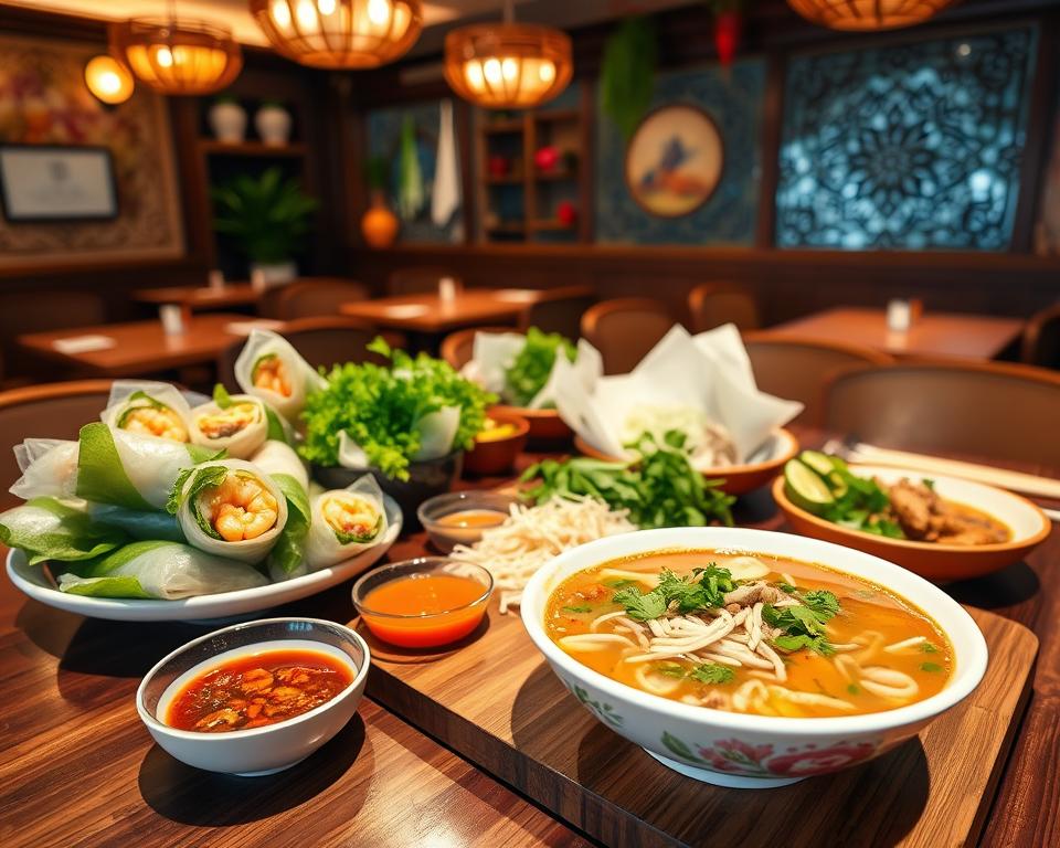 A beautifully arranged table showcasing a vibrant selection of gluten-free Vietnamese dishes, including fresh spring rolls filled with shrimp, herbs, and rice noodles, accompanied by a colorful dipping sauce. The foreground features a delicate bowl of pho, steaming with fragrant spices and topped with fresh cilantro and lime. In the middle of the image, a wooden board displays an assortment of gluten-free ingredients like rice paper, vermicelli noodles, and a variety of fresh vegetables. The background captures a cozy Vietnamese restaurant setting with warm, ambient lighting casting a golden hue, and intricate decor inspired by traditional Vietnamese culture. The atmosphere is inviting and cheerful, perfect for those seeking healthy and allergen-aware dining options.
