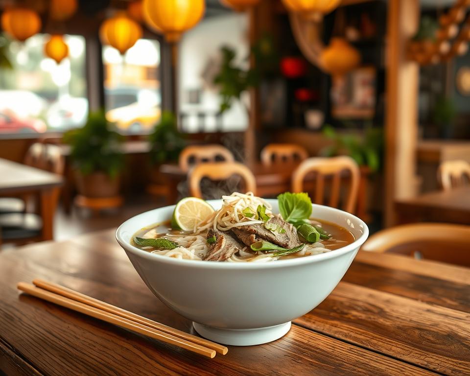 A beautifully composed image of a steaming bowl of pho, showcasing delicate rice noodles, tender slices of beef, and vibrant leafy herbs, set on a wooden table. In the foreground, the pho bowl is garnished with fresh bean sprouts, lime wedges, and a sprinkle of green onions, emphasizing the dish's rich textures and colors. In the middle ground, a pair of chopsticks rests beside the bowl, inviting the viewer to experience the meal. In the background, softly blurred warm tones depict a cozy Vietnamese restaurant setting with hanging lanterns and decorative plants, enhancing the inviting atmosphere. The lighting is warm and soft, simulating a late afternoon glow, creating a welcoming and authentic mood. Shot with a close-up lens to highlight the details of the pho, ensuring a delectable and mouthwatering presentation.
