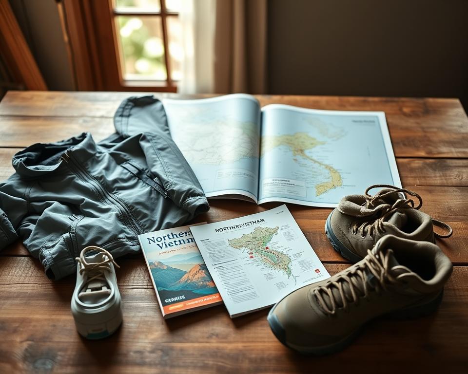 A beautifully organized travel checklist for Northern Vietnam laid out on a rustic wooden table. In the foreground, neatly arranged items include a lightweight rain jacket, sturdy trekking shoes, a compact travel guide, and lightweight, breathable clothing. The middle ground features an open map of Northern Vietnam, with highlighted regions and small colorful markers. In the background, soft natural light filters through a nearby window, illuminating the scene, creating a warm and inviting atmosphere. The overall mood reflects anticipation and adventure, perfect for preparing for a journey in diverse climates. The image captures the essence of travel preparation with an emphasis on practicality and exploration, inspiring the viewer to embark on their own adventure.
