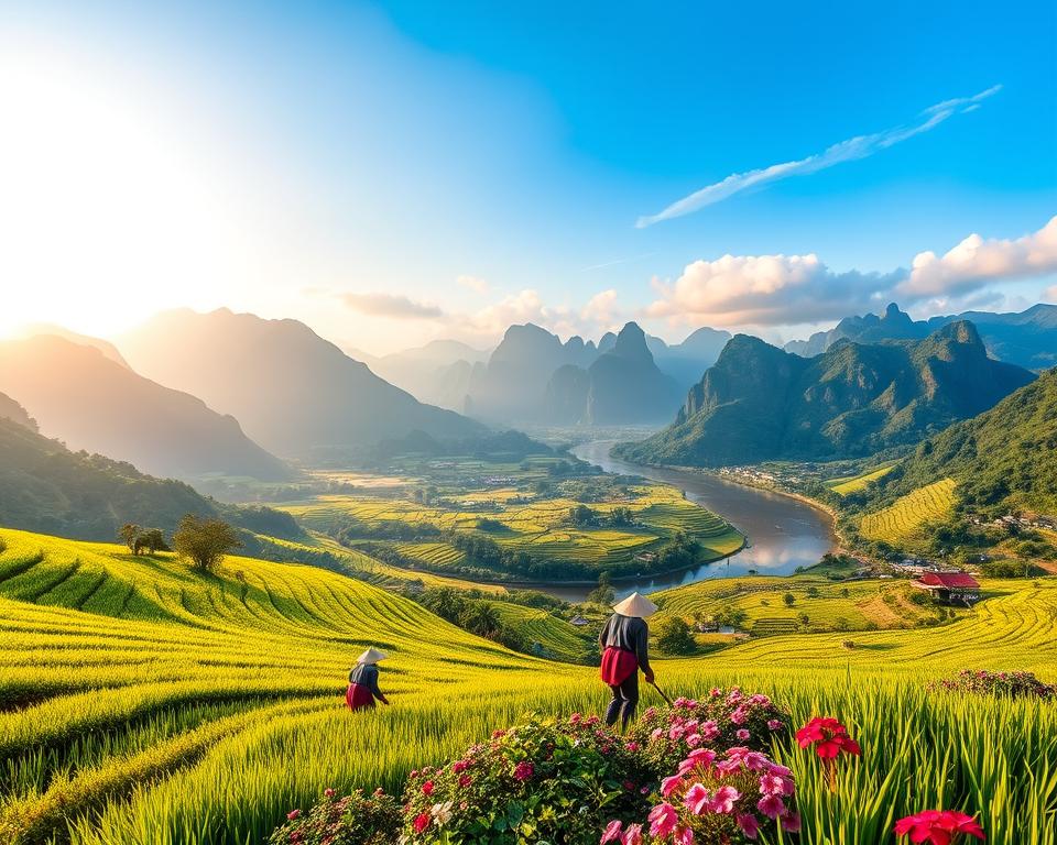 A breathtaking landscape of northern Vietnam during the best travel season, showcasing lush green terraced rice fields, majestic limestone mountains, and vibrant ethnic villages in the foreground. In the middle ground, capture traditional Viet rice farmers in modest clothing, engaged in planting and harvesting, surrounded by colorful local flowers. The background features a clear blue sky with soft morning light filtering through gentle clouds, illuminating the landscape with a warm glow. Include a winding river reflecting the sunlight, enhancing the serene atmosphere of the scene. Emphasize the tranquility and beauty of nature, inviting viewers to explore the hidden gems of Northern Vietnam during its peak travel season. Use a wide-angle lens to encapsulate the vastness of the scenery.