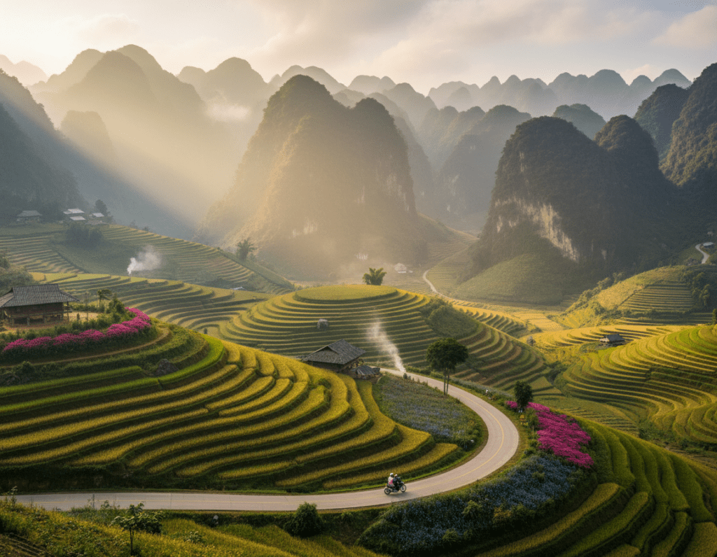 A breathtaking landscape of the Ha Giang Loop in northern Vietnam, showcasing the dramatic limestone mountains and lush green terraced rice fields. In the foreground, vibrant patches of wildflowers bloom, adding splashes of color against the deep emerald rice terraces. The middle ground features a winding road with a motorbike traveling along it, symbolizing adventure, while small, traditional wooden houses are nestled among the hills. The background showcases towering, jagged peaks shrouded in a soft morning mist, creating depth and atmosphere. The scene is illuminated by warm, golden sunlight filtering through the clouds, evoking a sense of tranquility and exploration, captured from a slightly elevated angle for a panoramic view.