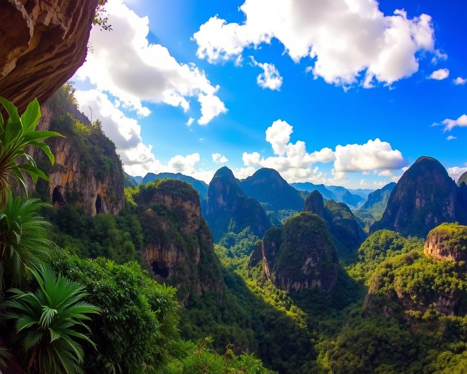 A breathtaking panoramic view of Phong Nha-Ke Bang National Park in Vietnam, showcasing its geological formations. In the foreground, lush green tropical foliage and ancient limestone karsts dominate, while middle ground features intricate cave openings with light filtering through. The background reveals towering, rugged cliffs under a brilliant blue sky adorned with fluffy white clouds. The scene is bathed in warm, golden sunlight, creating an inviting and serene atmosphere. The vantage point is slightly elevated, providing a sweeping vista of the park's vast landscape, emphasizing its unique geological history. Capture the enchanting beauty and natural wonders of this UNESCO World Heritage site, highlighting the interplay between nature and geology in a harmonious, vibrant composition. A breathtaking panoramic view of Phong Nha-Ke Bang National Park in Vietnam, showcasing its geological formations. In the foreground, lush green tropical foliage and ancient limestone karsts dominate, while middle ground features intricate cave openings with light filtering through. The background reveals towering, rugged cliffs under a brilliant blue sky adorned with fluffy white clouds. The scene is bathed in warm, golden sunlight, creating an inviting and serene atmosphere. The vantage point is slightly elevated, providing a sweeping vista of the park's vast landscape, emphasizing its unique geological history. Capture the enchanting beauty and natural wonders of this UNESCO World Heritage site, highlighting the interplay between nature and geology in a harmonious, vibrant composition.