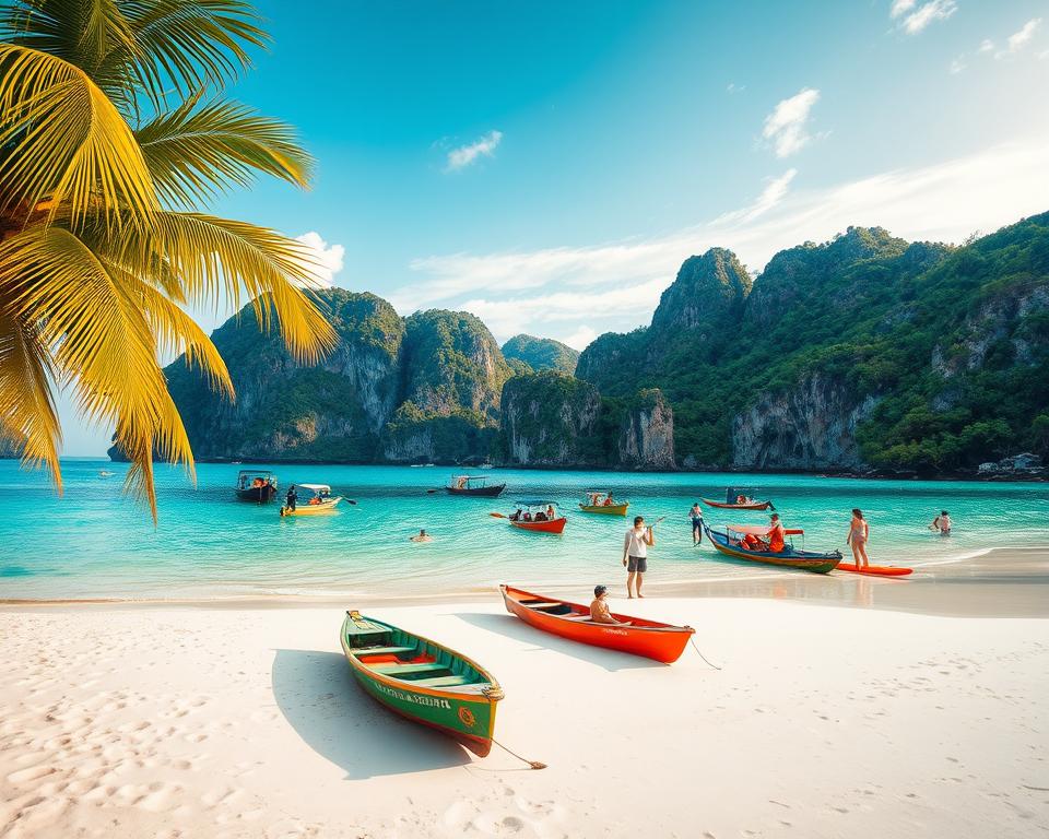 A breathtaking tropical paradise scene featuring the stunning beaches of Phú Quốc and Côn Đảo, with immaculate white sands and crystal-clear turquoise waters in the foreground. Lush green palm trees sway gently in the tropical breeze, and colorful traditional fishing boats are anchored near the shore. In the middle ground, people in modest casual clothing enjoy various activities, such as kayaking and snorkeling, capturing the spirit of island hopping. The background showcases dramatic limestone cliffs and hidden coves under a sunny sky with soft, golden lighting that creates a warm, inviting atmosphere. The serene mood reflects the beauty and tranquility of South Vietnam's coastal wonders, ideal for a travel-inspired article.