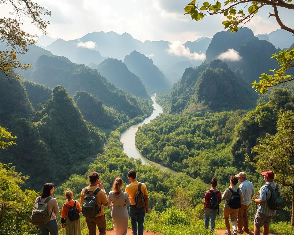 A breathtaking view of Phong Nha-Ke Bang National Park, showcasing its lush green mountains and dense jungles in the background. In the foreground, a group of eco-friendly tourists in modest casual clothing, engaging in activities like birdwatching and hiking along the winding nature trails. Rich sunlight filters through the tree canopy, casting dappled shadows on the forest floor, creating a warm and inviting atmosphere. The tranquility of the pristine landscapes is emphasized by crystal-clear rivers flowing gently around limestone karsts. A soft mist lingers in the air, enhancing the sense of adventure and sustainability. The angle captures the beauty of the park from a slightly elevated perspective, highlighting the interconnectedness of nature and responsible tourism practices. A breathtaking view of Phong Nha-Ke Bang National Park, showcasing its lush green mountains and dense jungles in the background. In the foreground, a group of eco-friendly tourists in modest casual clothing, engaging in activities like birdwatching and hiking along the winding nature trails. Rich sunlight filters through the tree canopy, casting dappled shadows on the forest floor, creating a warm and inviting atmosphere. The tranquility of the pristine landscapes is emphasized by crystal-clear rivers flowing gently around limestone karsts. A soft mist lingers in the air, enhancing the sense of adventure and sustainability. The angle captures the beauty of the park from a slightly elevated perspective, highlighting the interconnectedness of nature and responsible tourism practices.