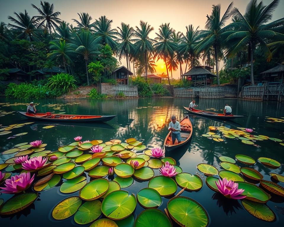A breathtaking view of Tonle Sap, Cambodia's largest freshwater lake, showcasing its natural wonder in Southeast Asia. In the foreground, vibrant lily pads float gently on the water's surface, surrounded by small fishing boats with fishermen in modest clothing. The middle layer features lush greenery and towering palm trees lining the shores, while traditional wooden stilt houses peek through the foliage. In the background, the sun sets, casting a warm golden glow across the lake, creating a serene and tranquil atmosphere. Soft, diffused lighting enhances the vivid colors of the landscape, and the scene is captured from a low angle to emphasize the depth of the lake and its vibrant ecosystem.