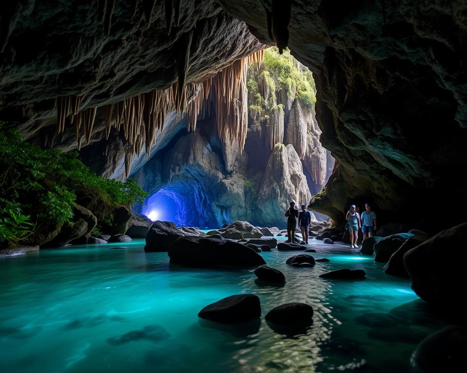 A breathtaking view of the Phong Nha-Ke Bang Cave Systems in Vietnam. In the foreground, a crystal-clear underground river flows over smooth stones, reflecting the soft glow of bioluminescent algae. Lush greenery and intricate limestone formations frame the scene. In the middle ground, majestic stalactites hang from the cave ceiling, their textures rich and detailed, while a small group of adventurous travelers in modest casual clothing explores the cavern, equipped with headlamps. The background reveals towering, jagged cliffs adorned with moss, creating a sense of wonder. Soft, diffused lighting emanates from the cave’s entrance, illuminating the unique geological features and casting gentle shadows. This image captures the serene yet awe-inspiring atmosphere of exploring these remarkable cave systems. A breathtaking view of the Phong Nha-Ke Bang Cave Systems in Vietnam. In the foreground, a crystal-clear underground river flows over smooth stones, reflecting the soft glow of bioluminescent algae. Lush greenery and intricate limestone formations frame the scene. In the middle ground, majestic stalactites hang from the cave ceiling, their textures rich and detailed, while a small group of adventurous travelers in modest casual clothing explores the cavern, equipped with headlamps. The background reveals towering, jagged cliffs adorned with moss, creating a sense of wonder. Soft, diffused lighting emanates from the cave’s entrance, illuminating the unique geological features and casting gentle shadows. This image captures the serene yet awe-inspiring atmosphere of exploring these remarkable cave systems.