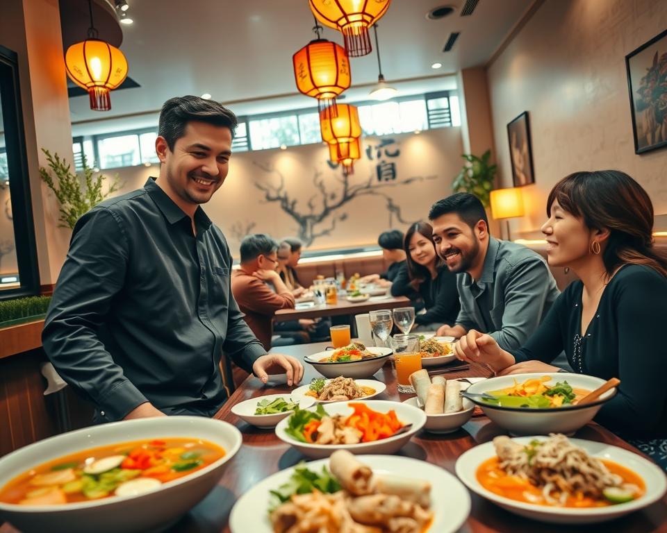 A bustling Vietnamese restaurant scene in Köln, showcasing the interior of Viet Village. In the foreground, a friendly waiter in modest attire greets a couple seated at a table adorned with vibrant Vietnamese dishes, including pho and spring rolls. The middle ground features other diners enjoying their meals, creating a warm and inviting atmosphere. The background reveals a beautifully decorated space with traditional Vietnamese lanterns and subtle wall art, enhancing the authentic ambiance. Soft, warm lighting bathes the scene, highlighting the rich colors of the dishes and the cheerful expressions of the guests. Shot from a slight angle to capture the lively interaction, conveying a sense of community and the anticipation of a delightful dining experience.