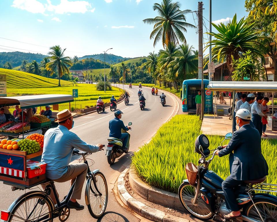 A bustling scene depicting transport in South Vietnam. In the foreground, a traditional Vietnamese cyclo (pedicab) with a driver wearing modest casual clothing is parked beside a vibrant street, showcasing colorful local vendors selling fresh fruits and flowers. In the middle ground, motorbikes zip along the lively streets, with small groups of people in professional business attire waiting at a bus stop, emphasizing daily commuting. The background features lush green rice paddies adjacent to the road, with gentle hills under a bright blue sky, showcasing a tropical atmosphere. The lighting is warm and inviting, suggesting early morning or late afternoon, capturing the essence of life in South Vietnam, vibrant yet organized, full of movement and natural beauty.