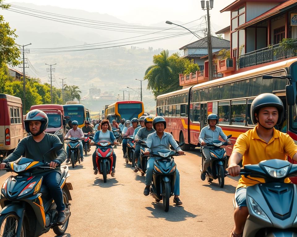 A bustling street scene in Northern Vietnam, showcasing various modes of transport, including vibrant motorbikes, traditional bicycles, and colorful buses. In the foreground, a group of locals dressed in modest casual clothing is navigating the busy street, surrounded by lush greenery and traditional Vietnamese architecture. In the middle ground, a scenic view of the iconic terraced rice fields and distant mountains create a picturesque backdrop. The lighting is warm and inviting, suggesting early morning or late afternoon, casting soft shadows. The camera angle is slightly elevated, capturing the dynamic movement of the vehicles and the energy of the city. Overall, the mood is lively and adventurous, reflecting the spirit of exploring Northern Vietnam's transport options.
