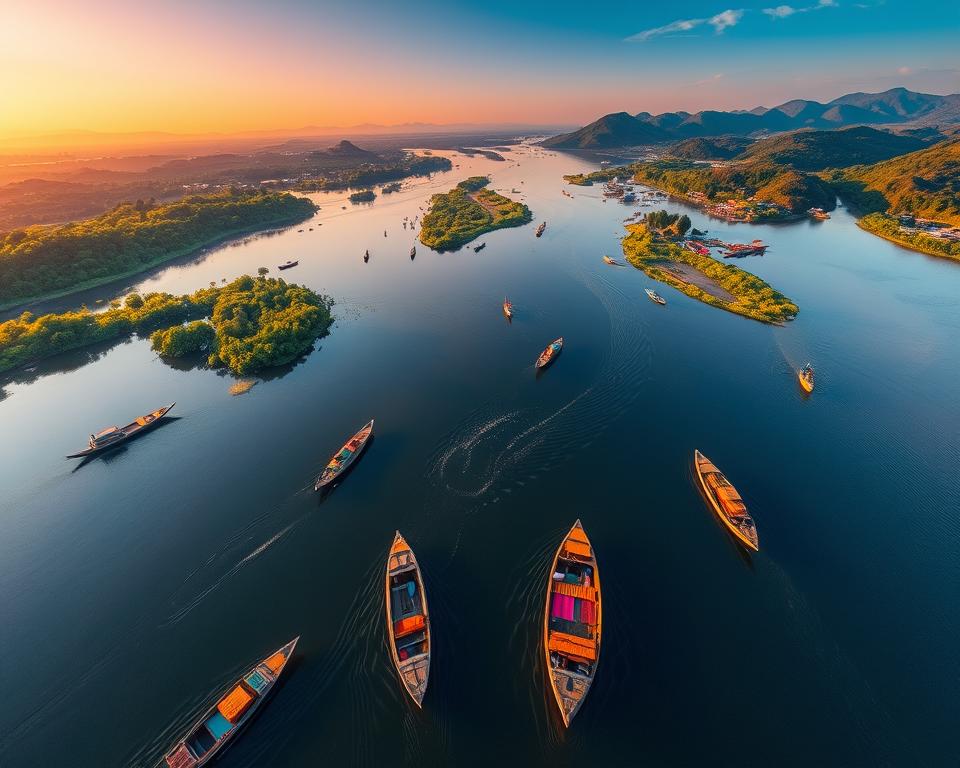 A captivating aerial view of Tonle Sap Lake during the unique "Reverse Flow" phenomenon, showcasing the dynamic interplay of water and lush surroundings. In the foreground, traditional wooden fishing boats gently navigate the reflective waters, their vibrant colors contrasting with the serene blues and greens. The middle ground reveals the stunning transition of the water, swirling gently as it flows backward, surrounded by rich foliage and floating villages. In the background, distant hills are bathed in warm, golden light of sunset, casting a magical glow over the landscape. The atmosphere is tranquil yet vibrant, capturing the essence of this natural wonder in Cambodia. The image should have soft lighting, emphasizing the colors and textures of the scene, as if viewed through a wide-angle lens.