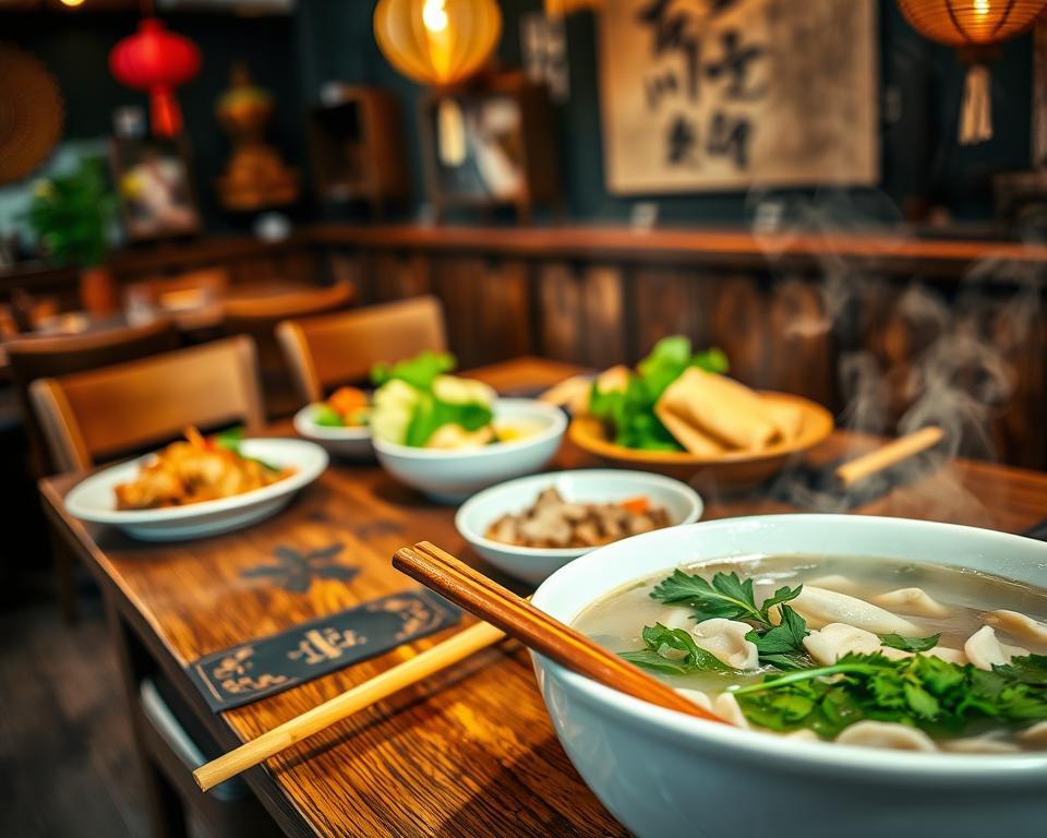 A cozy Vietnamese restaurant setting in Köln, showcasing an inviting dining area. In the foreground, a beautifully presented dish of phở garnished with fresh herbs and lime, alongside a pair of chopsticks, steams invitingly. The middle ground features a rustic wooden table set with several authentic Vietnamese dishes, such as spring rolls and lemongrass chicken, artfully arranged to emphasize diversity and portion sizes. Soft, warm lighting illuminates the scene, creating a welcoming atmosphere. In the background, blurred images of traditional Vietnamese decorations, like lanterns and bamboo elements, hint at the cultural authenticity. The composition should evoke a sense of comfort and authenticity while focusing on the exquisite presentation of Vietnamese cuisine, with a focus on affordability and value.
