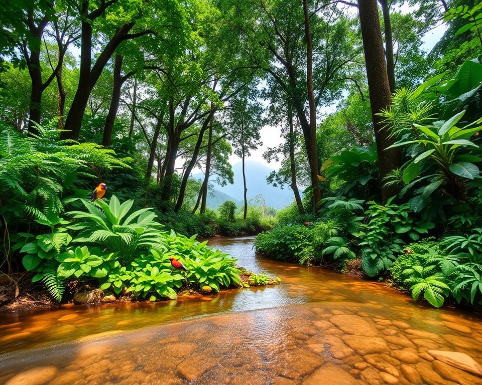 A lush landscape of Cát Tiên National Park in South Vietnam, showcasing dense jungle foliage with an array of vibrant green leaves and tall trees. In the foreground, a clear stream gently winds through the scene, with smooth pebbles visible beneath the crystal-clear water. The middle ground features clusters of exotic plants and ferns, and a variety of native wildlife such as colorful birds and butterflies can be seen amidst the greenery. The background reveals a misty horizon, hinting at distant mountains shrouded by clouds. Soft, dappled sunlight filters through the tree canopy, creating a serene and tranquil atmosphere. The overall feel is one of peaceful exploration and natural beauty, captured with a wide-angle lens to emphasize the grandeur of the landscape.