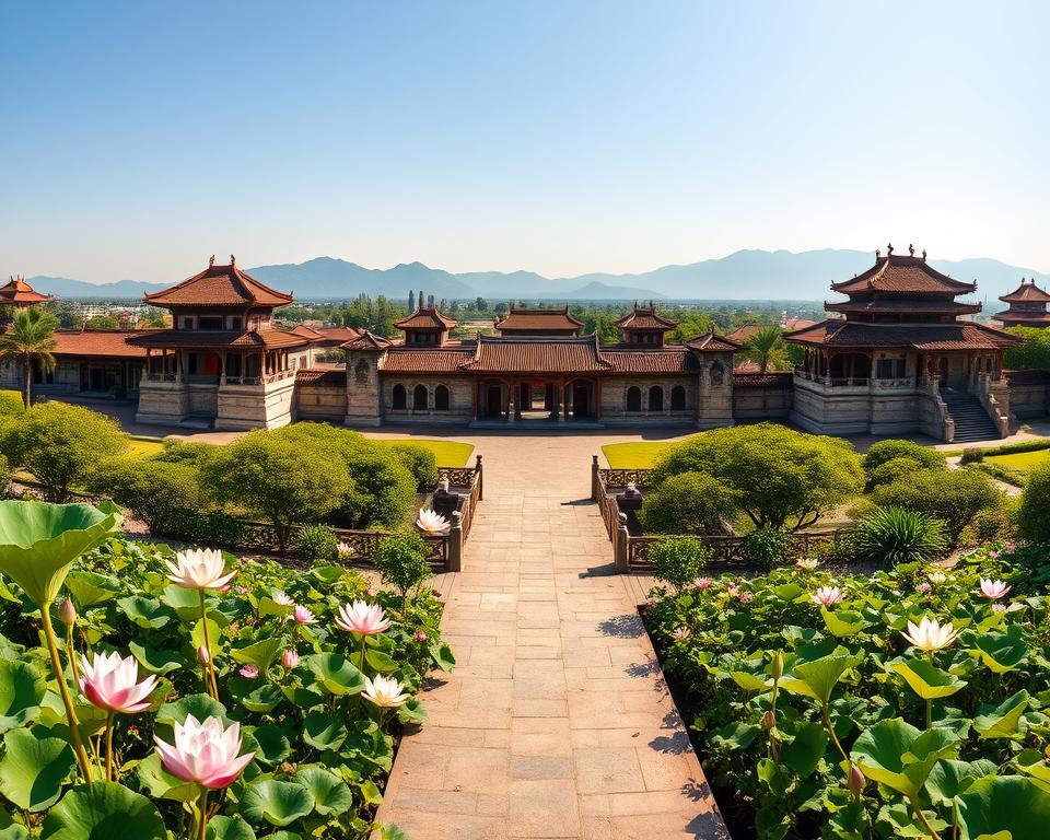 A panoramic view of the Imperial City in Huế, Vietnam, showcasing the grand architecture of the Nguyễn Dynasty. In the foreground, a vibrant garden is filled with tropical plants and blooming lotus flowers, with a traditional stone pathway leading to ornate gates. The middle ground features majestic citadel walls adorned with intricate carvings and elaborate rooftops typical of Vietnamese imperial design. In the background, soft mountains rise against a clear blue sky. The scene is illuminated by warm, soft sunlight, creating a serene and historical atmosphere, ideal for reflecting the rich history of the Nguyễn Dynasty. Capture this majestic landscape from a slightly elevated angle to emphasize its grandeur, ensuring no humans are present to maintain focus on the architecture and landscape.