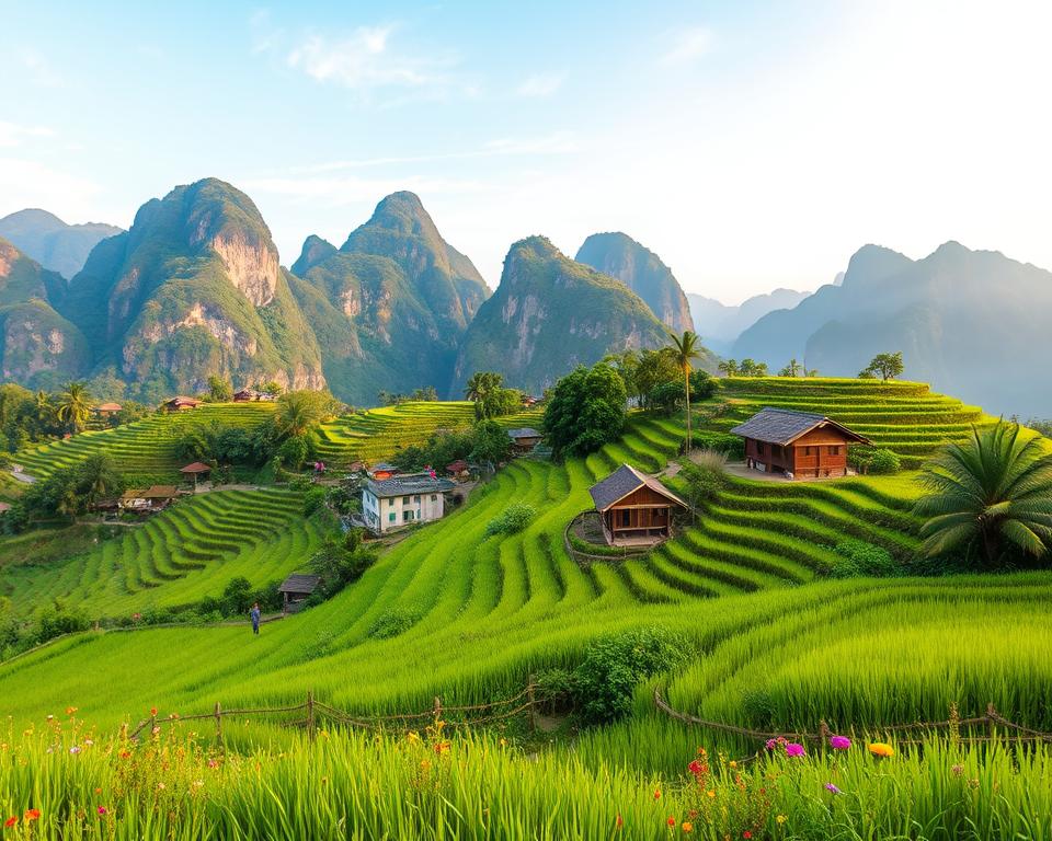 A picturesque landscape of Northern Vietnam, featuring the region's stunning key areas. In the foreground, lush green terraced rice fields cascade down hills, dotted with vibrant wildflowers. In the middle ground, quaint villages with traditional wooden houses and local farmers in modest clothing engaging in daily activities provide a sense of life. The background showcases imposing limestone karsts rising majestically against a clear blue sky, with soft, diffused sunlight illuminating the scene, creating a warm and inviting atmosphere. Capture the vibrant colors of nature, the richness of local culture, and the harmony between the land and its people. Use a wide-angle lens to emphasize the vastness of the landscape, with a soft focus on the background for depth. The overall mood is serene, adventurous, and inquisitive, inviting viewers to explore the beauty of Northern Vietnam.