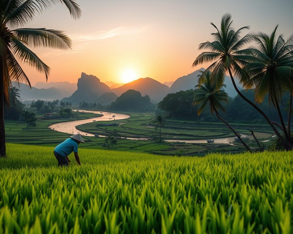 A picturesque scene capturing the best travel time in southern Vietnam, featuring lush green rice paddies in the foreground, with farmers in modest clothing gently tending to their crops. In the middle ground, a winding river reflects the warm hues of a golden sunset, with traditional wooden boats floating serenely. The background showcases the breathtaking mountains of the Mekong Delta, casting long shadows as the sun dips below the horizon. Soft, diffused lighting bathes the landscape, creating a tranquil and inviting atmosphere. A slight breeze rustles the palm trees that border the fields, enhancing the calming mood of this tropical paradise. The perspective is from a low angle, emphasizing the vibrant colors of the landscape and the peacefulness of this idyllic travel destination.
