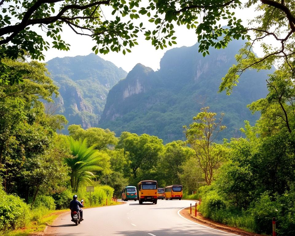 A picturesque scene depicting the journey to Phong Nha-Ke Bang National Park in Vietnam. In the foreground, a winding road lined with lush green foliage leads towards the entrance, hinting at adventure. In the middle ground, a variety of colorful local vehicles, such as motorbikes and small buses, create a sense of movement. The background showcases majestic limestone karsts rising dramatically from the landscape, cloaked in dense jungle. Soft, diffused sunlight filters through the leaves, casting dappled patterns on the ground, creating an inviting, warm atmosphere. The angle is slightly elevated, offering a panoramic view of this enchanting terrain, evoking feelings of excitement and exploration in this natural wonder. A picturesque scene depicting the journey to Phong Nha-Ke Bang National Park in Vietnam. In the foreground, a winding road lined with lush green foliage leads towards the entrance, hinting at adventure. In the middle ground, a variety of colorful local vehicles, such as motorbikes and small buses, create a sense of movement. The background showcases majestic limestone karsts rising dramatically from the landscape, cloaked in dense jungle. Soft, diffused sunlight filters through the leaves, casting dappled patterns on the ground, creating an inviting, warm atmosphere. The angle is slightly elevated, offering a panoramic view of this enchanting terrain, evoking feelings of excitement and exploration in this natural wonder.