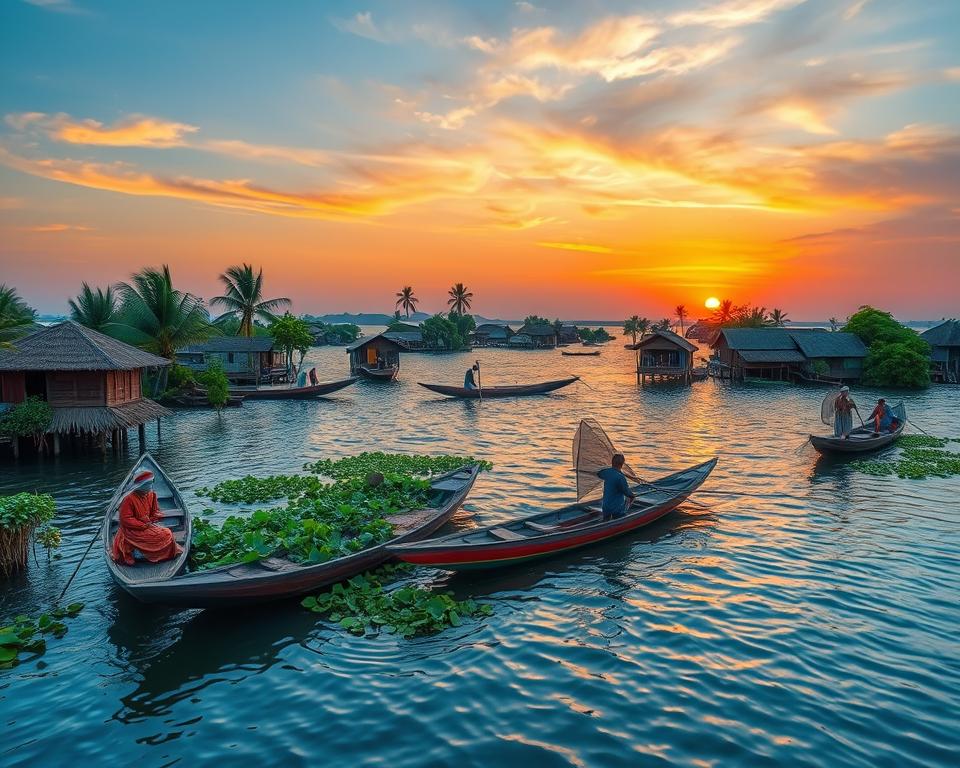 A picturesque scene of the floating villages on Tonle Sap Lake, Cambodia. In the foreground, traditional wooden houses are tethered to stilts, with vibrant fishing boats nearby, some with fishermen in modest clothing casting their nets. The middle ground features lush greenery accented by palm trees and water hyacinths, creating a serene environment. In the background, the expansive azure lake reflects a stunning sunset, casting warm orange and pink hues across the sky. Soft ripples enhance the tranquility of the water. Capture the atmosphere of daily life on the water, emphasizing harmony with nature, with a lens slightly above eye level to provide an expansive view of this unique community.