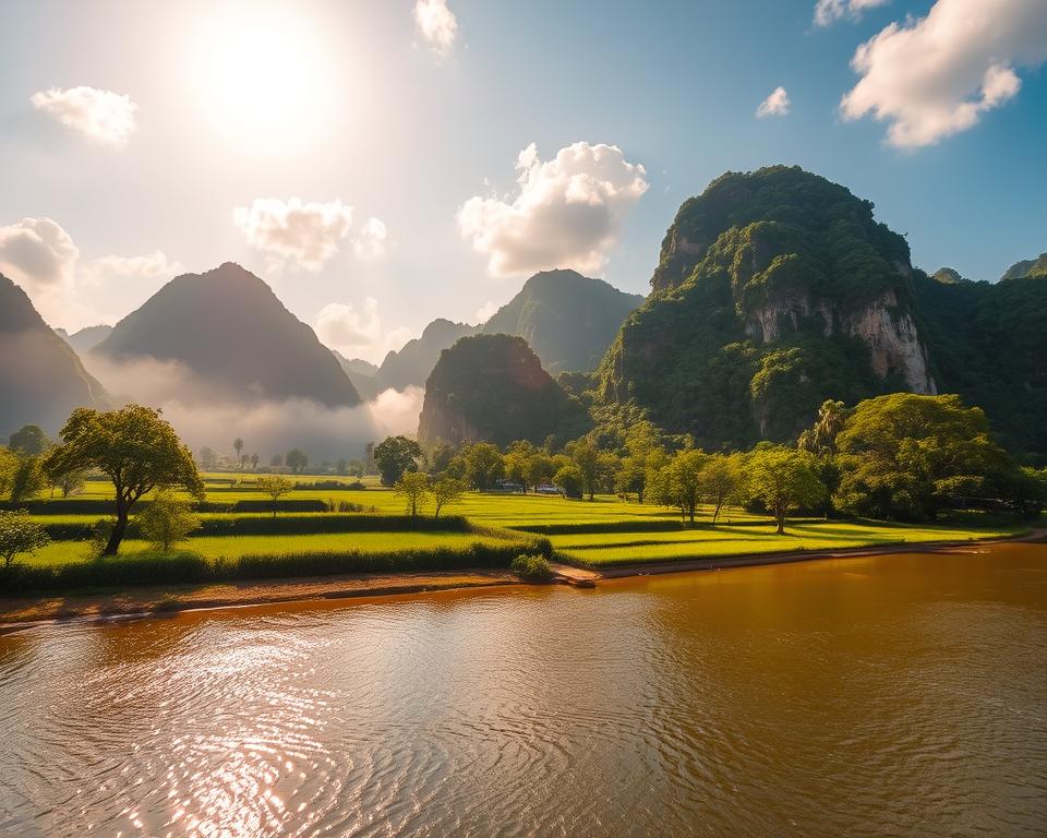A picturesque scene showcasing the best time to visit Ninh Binh, Vietnam, during the lush and vibrant summer months. In the foreground, a tranquil river glistens under the soft, golden sunlight, reflecting shades of emerald green from the surrounding rice fields. In the middle ground, the majestic limestone karsts rise dramatically, draped in verdant vines and mist, hinting at the natural beauty of Mua Caves. The background features a clear blue sky with fluffy white clouds scattered gently. The mood is serene and inviting, evoking a sense of adventure and discovery. The lighting is warm and natural, creating pleasing contrasts that enhance the vivid colors of the landscape. An aerial perspective captures the overall beauty, framing the lush scenery beautifully.