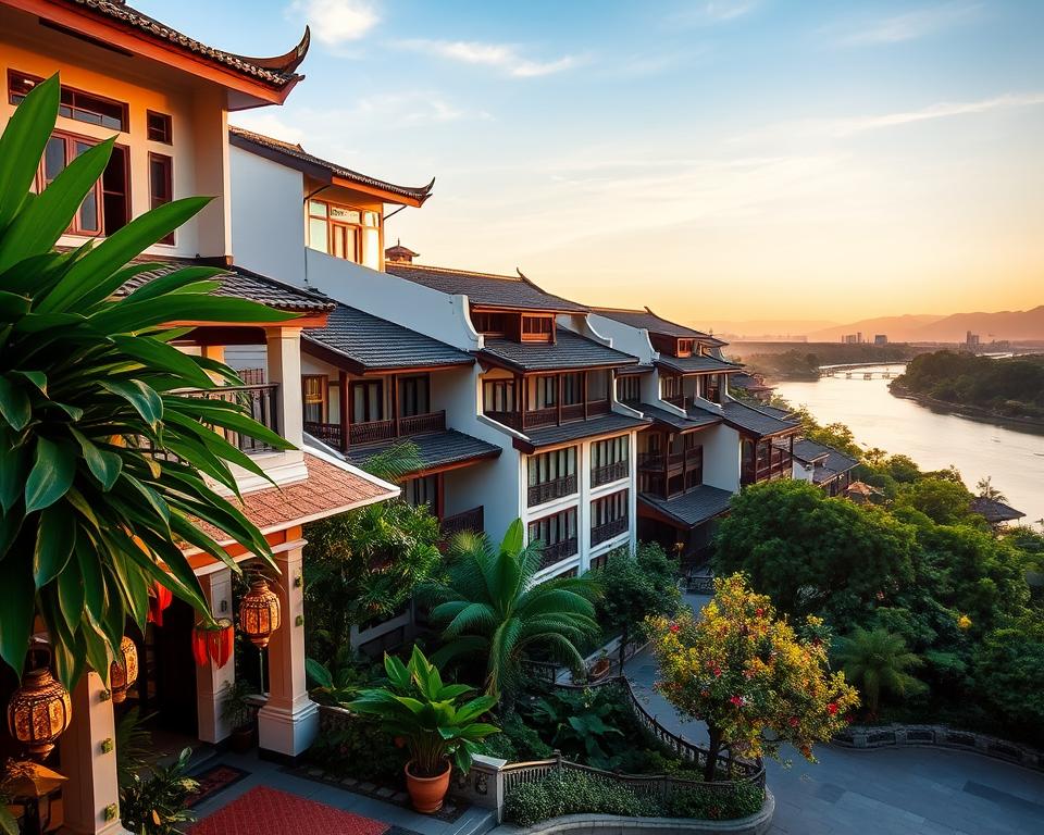 A picturesque view of Hotels in Huế, Vietnam, showcasing a blend of traditional and modern architecture. In the foreground, a welcoming hotel entrance adorned with lush tropical plants and decorative lanterns. In the middle ground, a line of elegant hotels reflects the vibrant colors of the local scenery, with large windows and rich wooden details. The background features the iconic Perfume River, framed by lush greenery and distant mountains under a serene blue sky at golden hour, casting a warm, soft glow. The overall atmosphere is inviting and tranquil, perfect for travelers seeking comfort and beauty in their stay. The scene is ideally captured from a slightly elevated angle, providing a comprehensive view of the accommodations and their surroundings.