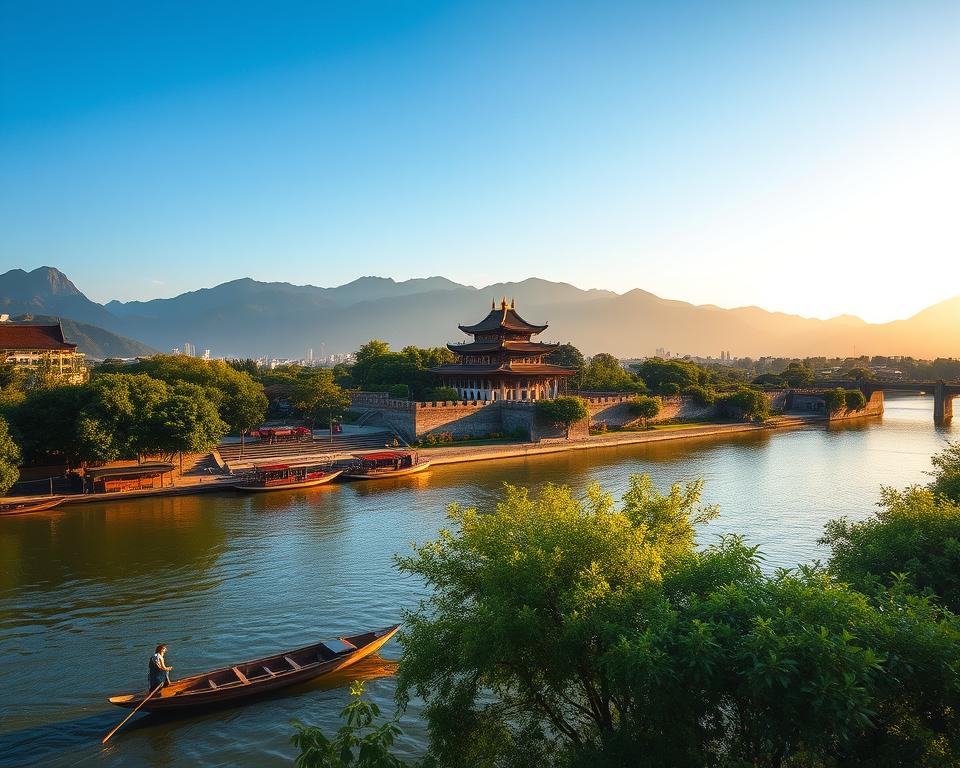 A picturesque view of Huế, Central Vietnam, capturing a serene landscape. In the foreground, a tranquil scene of the Perfume River gently flowing, lined with lush green trees and traditional fishing boats. The middle ground features the iconic Huế Imperial City, showcasing its historical architecture with ornate roofs and ancient stone walls, surrounded by colorful gardens in full bloom. The background displays the majestic mountains under a clear blue sky, accentuated by soft, golden sunlight casting gentle reflections on the water. The atmosphere is calm and inviting, conveying a sense of history and natural beauty, perfect for travelers looking to explore this cultural gem. Use a warm color palette to evoke a tranquil mood, with a slight lens vignette for artistic effect.