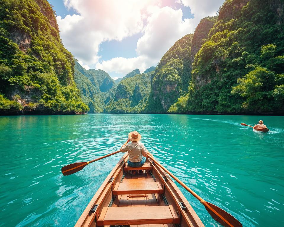 A scenic boat tour on the Son River, surrounded by lush, green limestone mountains and dense tropical foliage. In the foreground, a small, traditional wooden boat is gently gliding through the tranquil waters, with paddles in the hands of two people dressed in modest casual clothing, immersed in the adventure. The middle ground features vibrant green hills reflecting in the clear blue water, while above, the sky is a brilliant azure, dotted with fluffy white clouds. The sunlight casts warm, golden rays, enhancing the serene ambiance. The composition captures a sense of exploration and tranquility, making the viewer feel as though they are part of the journey through the natural beauty of Phong Nha-Ke Bang National Park in Vietnam. A scenic boat tour on the Son River, surrounded by lush, green limestone mountains and dense tropical foliage. In the foreground, a small, traditional wooden boat is gently gliding through the tranquil waters, with paddles in the hands of two people dressed in modest casual clothing, immersed in the adventure. The middle ground features vibrant green hills reflecting in the clear blue water, while above, the sky is a brilliant azure, dotted with fluffy white clouds. The sunlight casts warm, golden rays, enhancing the serene ambiance. The composition captures a sense of exploration and tranquility, making the viewer feel as though they are part of the journey through the natural beauty of Phong Nha-Ke Bang National Park in Vietnam.