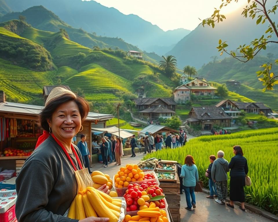 A scenic view of Northern Vietnam, featuring a picturesque landscape with lush green rice terraces cascading down rugged hills. In the foreground, a smiling local vendor dressed in modest traditional clothing is selling fresh fruits and regional handicrafts at a vibrant market stall. The middle ground showcases small wooden stalls and tourists exploring the vibrant scene, while traditional wooden houses with thatched roofs peek through the trees in the background. The lighting is warm and inviting, reflecting a golden hour glow that enhances the natural beauty. The atmosphere is bustling yet relaxed, illustrating a charming blend of local culture and the lively spirit of community. Use a wide-angle lens to capture the expansive scenery, emphasizing depth and richness in colors.
