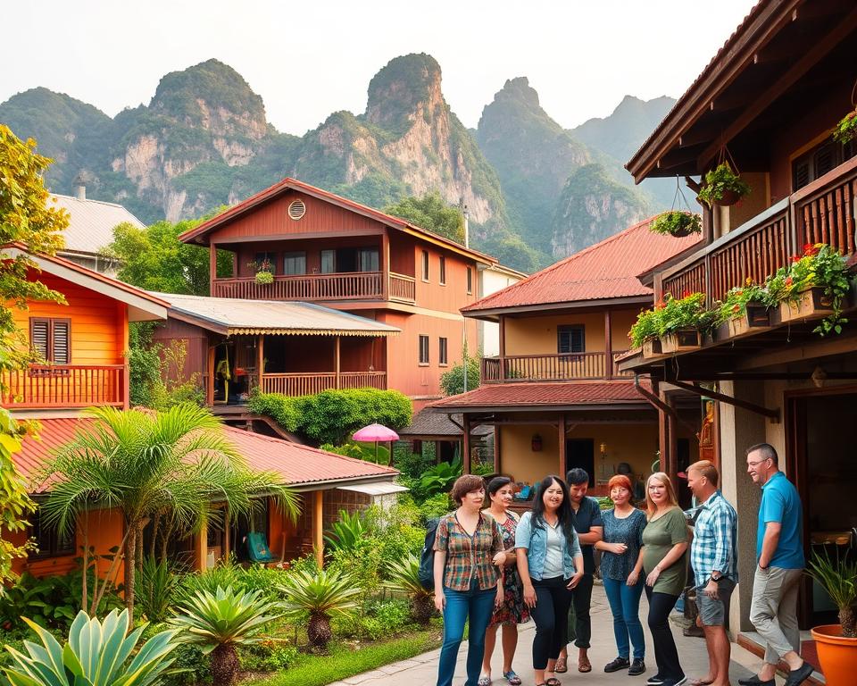 A scenic view of Phong Nha Town showcasing diverse accommodation options nestled amid lush greenery and Mount Phong Nha's limestone formations in the background. In the foreground, vibrant guesthouses and cozy homestays with wooden balconies adorned with hanging plants offer inviting atmospheres. The middle ground features a charming local hotel with a welcoming entrance, where a small group of travelers in casual clothing exchange friendly smiles, reflecting the town's hospitality. Soft, warm lighting captures the golden hour, casting a gentle glow over the scene. Use a wide-angle lens to encompass the entire area, highlighting the blend of nature and human habitation. The mood is relaxed and adventurous, capturing the essence of a travel destination that caters to every taste. A scenic view of Phong Nha Town showcasing diverse accommodation options nestled amid lush greenery and Mount Phong Nha's limestone formations in the background. In the foreground, vibrant guesthouses and cozy homestays with wooden balconies adorned with hanging plants offer inviting atmospheres. The middle ground features a charming local hotel with a welcoming entrance, where a small group of travelers in casual clothing exchange friendly smiles, reflecting the town's hospitality. Soft, warm lighting captures the golden hour, casting a gentle glow over the scene. Use a wide-angle lens to encompass the entire area, highlighting the blend of nature and human habitation. The mood is relaxed and adventurous, capturing the essence of a travel destination that caters to every taste.