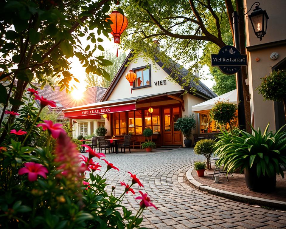 A scenic view of Viet Village in Köln, depicting a charming Vietnamese restaurant nestled among greenery. In the foreground, vibrant flowers and local plants sway gently in the breeze. The middle ground showcases the restaurant's inviting entrance with traditional Vietnamese lanterns hanging above, and tasteful outdoor seating under a canopy of trees. In the background, a quaint street sign indicating the location adds local character, while cobblestone pathways lead toward the restaurant. The atmosphere is warm and welcoming, with soft golden lighting suggesting early evening, highlighting the cozy ambiance. Capture this scene from a slightly elevated angle to provide depth while maintaining focus on the restaurant's inviting features. The overall mood evokes comfort and authenticity of Vietnamese culture.