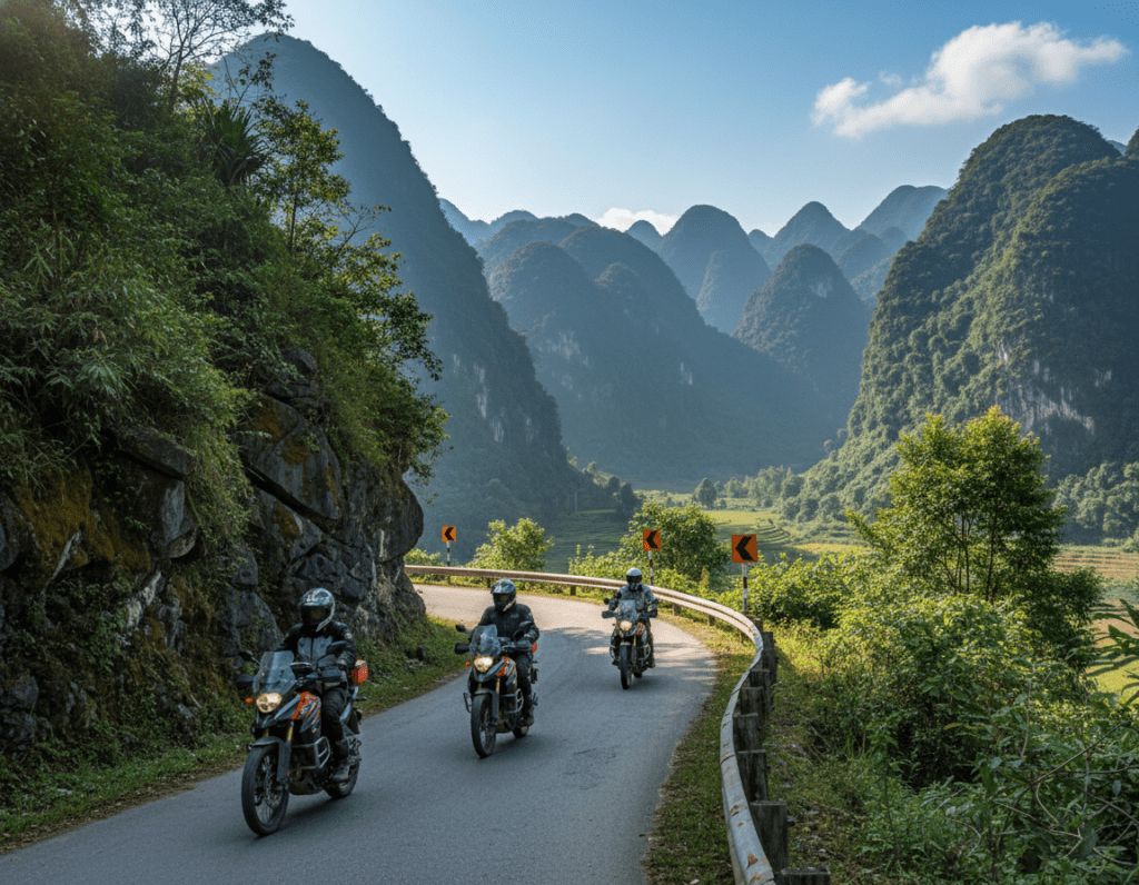 A scenic view of the Ha Giang Loop in Vietnam, emphasizing road safety and scenic elements. In the foreground, a narrow, winding mountainous road surrounded by lush greenery and dramatic cliffs. In the middle ground, a few riders dressed in modest casual clothing navigate the road on motorbikes, showcasing attention to safety with helmets on. The background features towering limestone mountains and a blue sky with wispy clouds, creating a sense of adventure and caution. The lighting is bright and natural, suggesting a sunny day, enhancing the colors of the landscape. The mood is serene yet exhilarating, inviting travelers to explore while remaining aware of their surroundings.