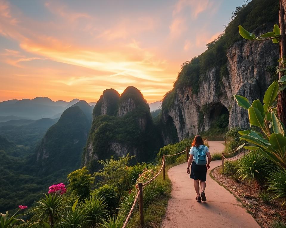 A scenic view of the Mua Caves in Vietnam during the golden hour, capturing the majestic karst landscape with lush green mountains and rocky cliffs in the background. In the foreground, a winding path leads towards the caves, flanked by tropical vegetation and clusters of vibrant flowers. A couple of travelers dressed in modest casual clothing can be seen walking along the path, enjoying the serene atmosphere. The sky is painted in warm hues of orange and pink, creating a tranquil yet adventurous mood. Soft, diffused lighting enhances the natural beauty of the scene, while a wide-angle perspective showcases the grandeur of the caves nestled among the mountains. The image should convey a sense of exploration and wonder, inviting viewers to discover this hidden gem.