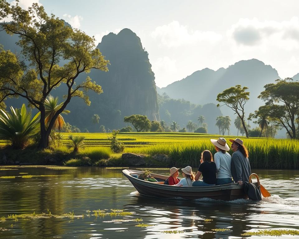 A serene and breathtaking landscape of Ninh Binh, Vietnam, showcasing the lush green rice fields and dramatic limestone karsts in the background. In the foreground, a small, eco-friendly boat glides gently along the tranquil waters of the Nang River, with a diverse group of modestly dressed travelers observing the surrounding natural beauty. Sunlight filters through the trees, casting soft, dappled light on the scene, creating a warm and inviting atmosphere. The sky is clear with soft, fluffy clouds, enhancing the feeling of peace and connection to nature. The focus is on sustainable travel and the preservation of culture, highlighting the harmony between people and the environment in this stunning location.