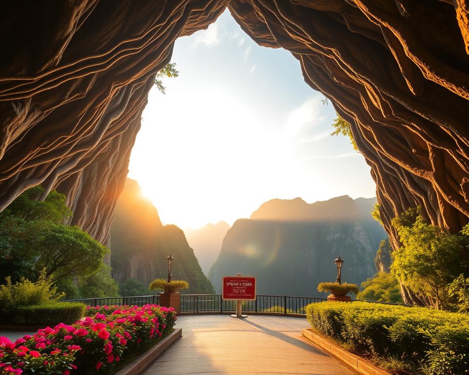 A serene and inviting view of the Hang Mua Caves in Vietnam during golden hour, showcasing the stunning limestone cliffs and lush greenery. In the foreground, a well-maintained pathway leads towards the entrance of the caves, lined with vibrant flowers. The middle ground features a small sign indicating the opening hours, designed to blend seamlessly with the natural surroundings. The background reveals the dramatic mountains bathed in warm, soft light, creating a peaceful atmosphere. Incorporate a clear blue sky with wispy clouds to enhance the tranquility. Use a wide-angle lens for a comprehensive view, emphasizing the grandeur of the landscape. Capture a calm and inviting mood, perfect for travelers planning their visit.