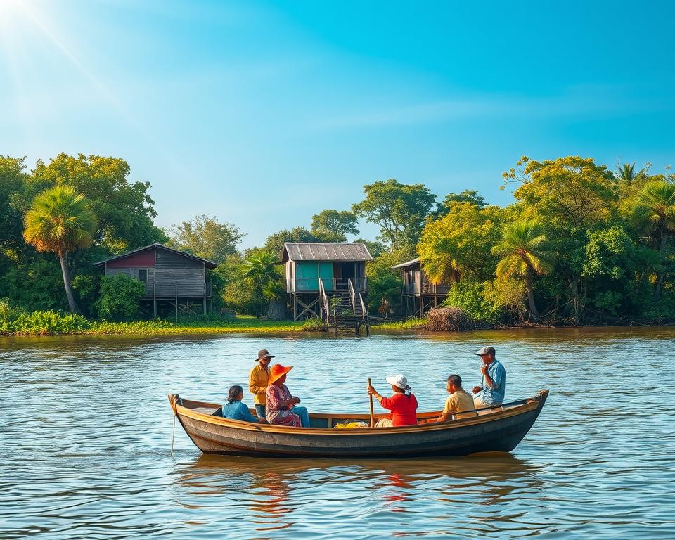 A serene and vibrant scene depicting a sustainable tour on Tonle Sap, Cambodia. In the foreground, a small eco-friendly boat gently glides through the tranquil waters, showcasing local travelers dressed in modest casual wear, attentively observing the lush greenery along the shore. In the middle ground, traditional wooden houses on stilts rise above the water, surrounded by flourishing mangroves, with local fishermen practicing sustainable fishing techniques. The background features a clear blue sky, with soft, warm sunlight filtering through the trees, creating a peaceful and inviting atmosphere. The overall mood reflects harmony with nature, emphasizing eco-tourism and the beauty of Cambodian culture. Use a wide-angle lens to capture the entirety of this picturesque scene, ensuring a balance of light and natural colors.