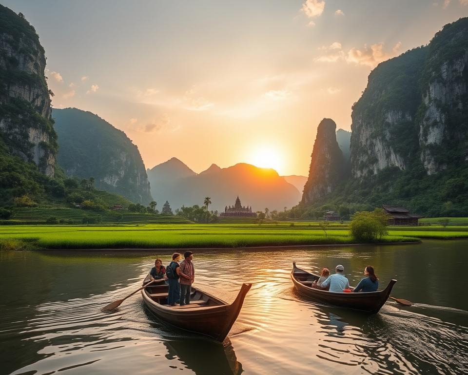 A serene landscape of Ninh Binh, Vietnam, showcasing the stunning limestone karsts rising dramatically from lush green rice fields. In the foreground, a calm river reflects the towering cliffs, while traditional wooden boats glide gracefully across the water, carrying travelers clad in modest casual clothing exploring the area. The middle ground features a vibrant array of greenery and emerging tree lines, hinting at hidden caves and ancient temples nestled among the hills. In the background, the sun sets, casting a warm golden light that bathes the landscape, creating a magical atmosphere enhanced by soft, diffused clouds in the sky. The scene captures the enchanting beauty of Ninh Binh, often called "Halong Bay on land," inviting viewers to experience its mysteries.